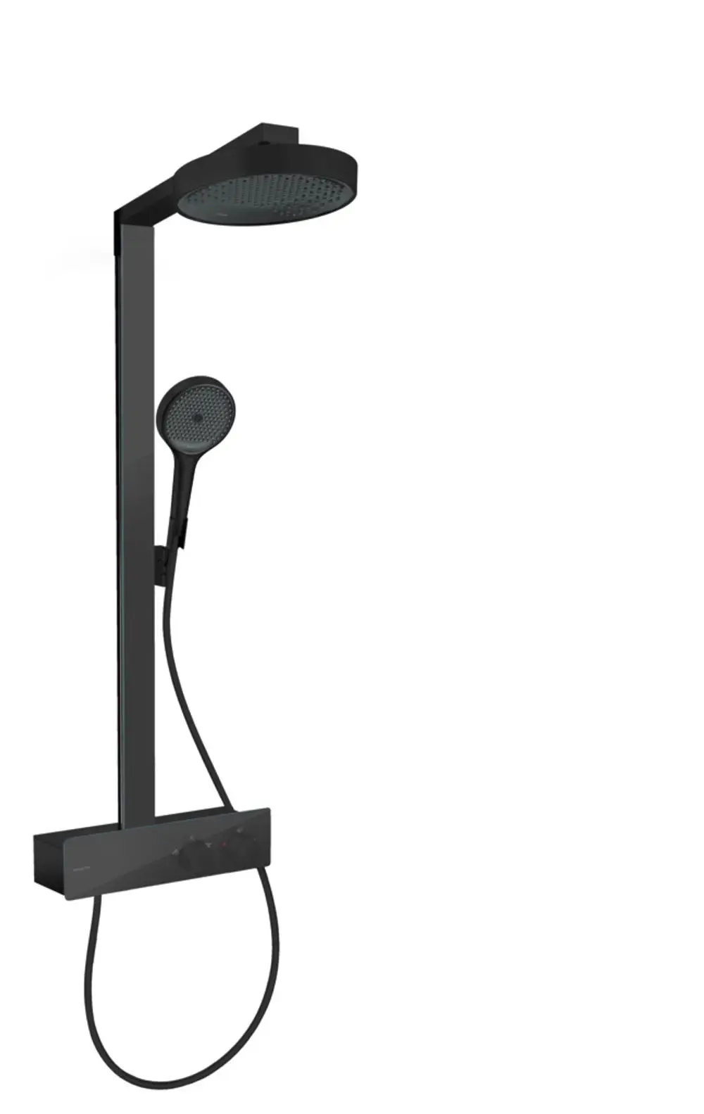 Schwarze Showerpipe von Hansgrohe mit großer Kopfbrause und Handbrause, verbunden mit einem Bedienpaneel für Temperatur- und Durchflussregelung.